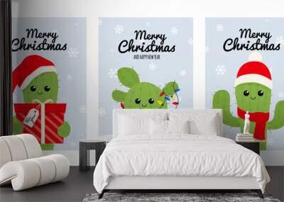 Merry Christmas greeting card set with cute cactus. Vector winter postcard. Wall mural