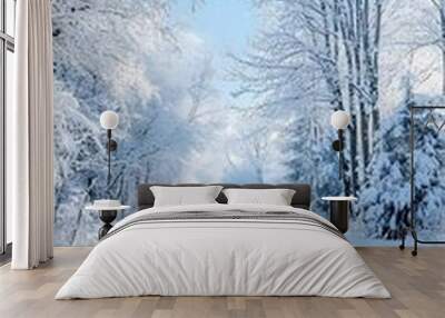 A beautiful winter landscape with white, snow-covered trees and roads covered in fresh powder, creating an enchanting scene of nature's beauty Wall mural