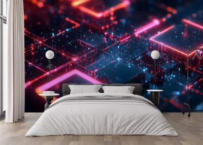 A dark background with colorful, glowing lines forming the outline of rectangular blocks, creating an abstract and futuristic design Wall mural