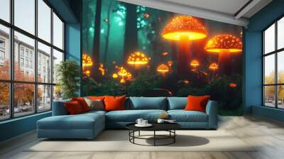 A magical forest at night, with glowing orange and blue mushrooms Wall mural