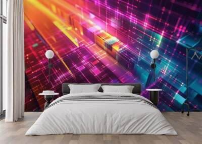 abstract geometric tech cyberspace grid pattern bright colorful futuristic glowing digital background vibrant texture  Wall mural