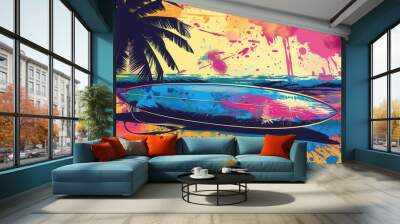 abstract surfboard on colorful tropical beach background summer vacation and water sports theme graphic design illustration Wall mural