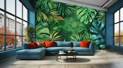 abstract tropical palm leaves hand drawn watercolor background lush green botanical pattern Wall mural