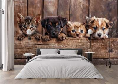 Adorable puppies and kittens peeking from behind a rustic wooden banner, empty space for text, pet store or veterinary clinic advertising poster concept, digital illustration Wall mural