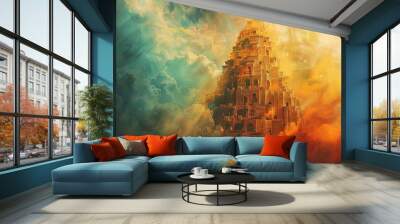 ancient babel tower reaching towards the heavens architectural wonder digital illustration Wall mural