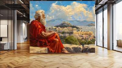 Ancient Greek philosopher contemplating, Acropolis of Athens in background, wisdom and enlightenment concept, oil painting Wall mural