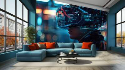 augmented reality technician future technology hologram virtual reality science fiction futuristic innovation work industry progress cyberpunk helmet visor  Wall mural