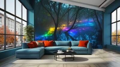 bioluminescent alien forest pulses with ethereal rainbow energy at night Wall mural