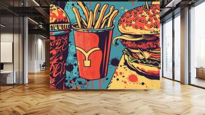 bold pop art vector illustration food items comic book effects kitchen art classic burgers fries pizza soda bright colors stylized graphic fun retro  Wall mural