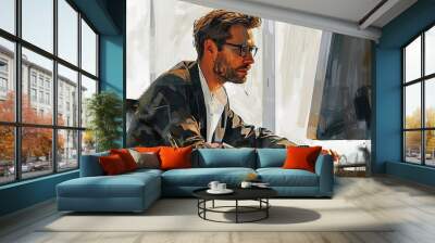 businessman sitting in modern office working at desk professional portrait digital painting Wall mural