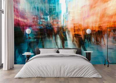 Busy crowded public place with blurred motion of people passing by, abstract digital art Wall mural