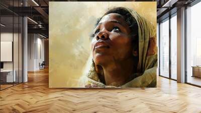 Closeup portrait of biblical character, black woman wearing shawl looking up with faith, digital painting Wall mural