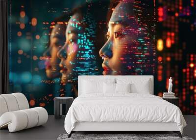 colorful digital portraits emerging from glowing code matrix futuristic coding concept illustration Wall mural