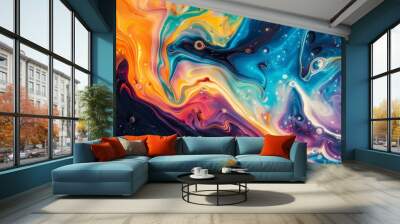 colorful liquid with swirling undulations on black shiny wallpaper background abstract digital art Wall mural