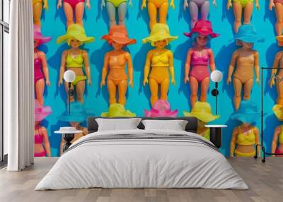 colorful plastic toy dolls dressed for summer beach day neatly arranged in rows minimal concept illustration Wall mural