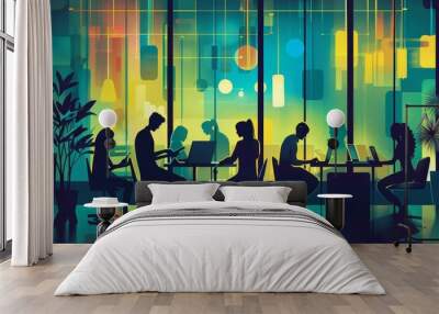 diverse business team collaborating in modern office using smartphones concept illustration Wall mural