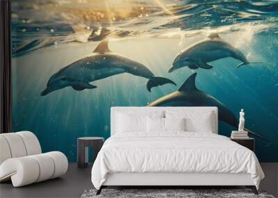 dolphins ocean tropical swimming playful cheerful fun underwater marine life paradise happiness joy summer vacation paradise  Wall mural