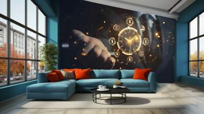 dynamic businessman interacting with floating digital clock and money icons effective time management for business success concept 3 Wall mural