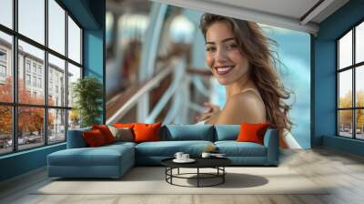 elegant woman smiling on cruise ship deck holiday travel portrait with copy space stock photo Wall mural