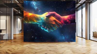 ethereal light beams illuminate handshake silhouette cosmic background Wall mural