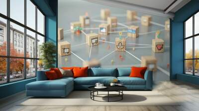 franchise business network concept with wooden blocks and connected store icons 3d rendering Wall mural