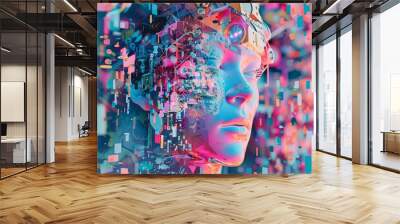 Futuristic 3D collage of creative mind interfacing with AI machine - Colorful digital art Wall mural