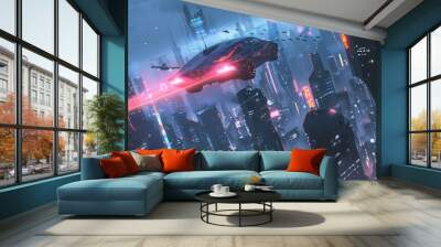 futuristic city skyline skyscrapers flying cars energy beams scifi metropolis cyberpunk glowing neon technology digital concept art  Wall mural