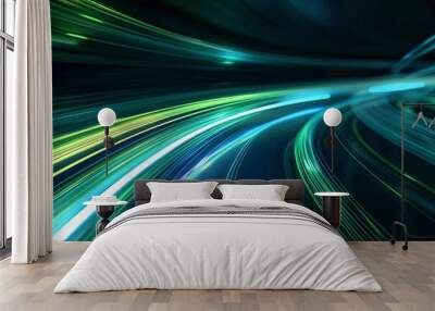 futuristic glowing blue and green abstract speed lines on black background digital art Wall mural