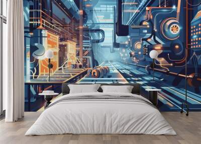 Futuristic industry 4.0 communication network, automation technology in modern factories illustration Wall mural