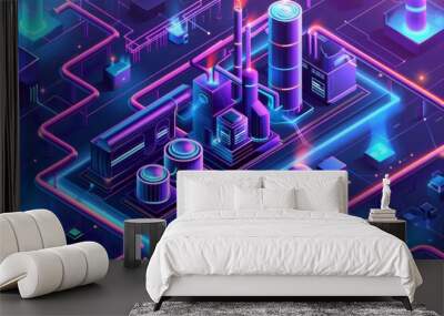 futuristic neon isometric factory with glowing flowchart elements industrial illustration Wall mural