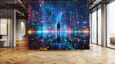 futuristic technology finance business digital data visualization glowing neon people modern abstract cyberspace innovation virtual reality 3d illustration  Wall mural