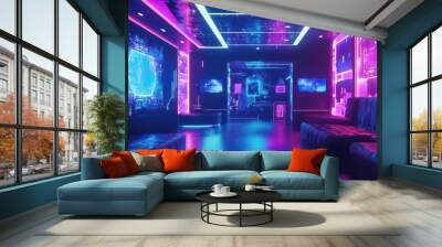 futuristic virtual reality gaming setup in neonlit room with floating holograms Wall mural