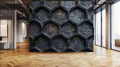 geometric hexagons texture dark gray black metallic pattern abstract background technology industrial  Wall mural