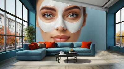 halfface skincare reveal european woman showcasing mask treatment studio elegance Wall mural