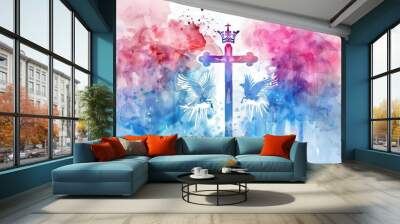 holy trinity symbols on watercolor background religious cross crown and dove illustration Wall mural