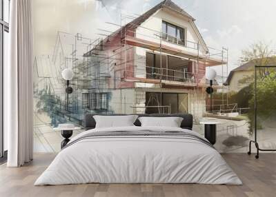 house enlargement and renovation works in progress architectural concept digital illustration Wall mural