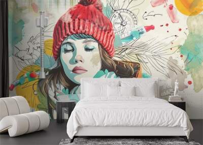 imaginative collage of cheerful girl battling cold with thermometer pills and prescription on hand drawn background digital illustration Wall mural