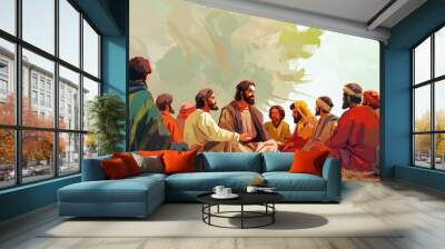 jesus christ teaching his disciples sharing wisdom and knowledge concept illustration Wall mural