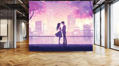 kawaii anime couple on romantic date pastel cityscape background vertical format Wall mural