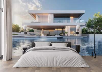 luxurious modern house with infinity pool stunning architecture and landscape design 3d illustration Wall mural