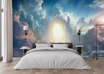 Majestic gateway to the Kingdom of God in the heavenly sky with ethereal clouds, spiritual illustration Wall mural