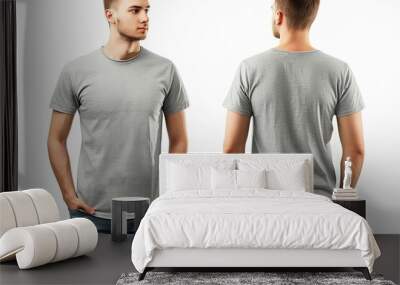 man wearing grey tshirt front and back views on white background apparel mockup Wall mural