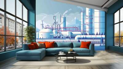 Modern natural gas facility illustration with pipeline and storage tanks, energy industry concept, vector graphic Wall mural