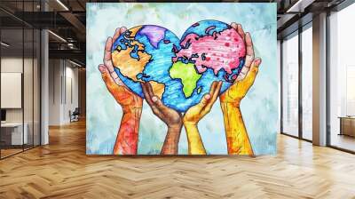 multicultural unity hands holding colorful heartshaped earth love and peace concept digital illustration Wall mural