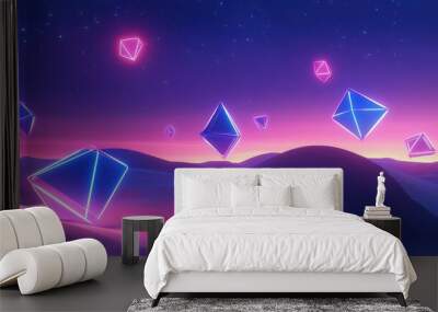 mystical desert landscape with geometric neon shapes floating above sand dunes at night Wall mural