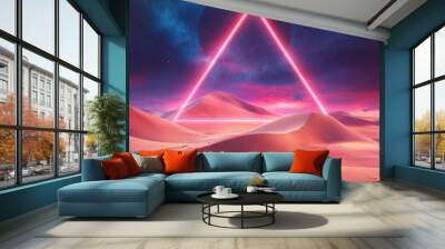 mystical desert landscape with geometric neon shapes floating above sand dunes at night Wall mural