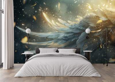 Realistic angel wings with dreamy, ethereal light and feathers, digital illustration Wall mural