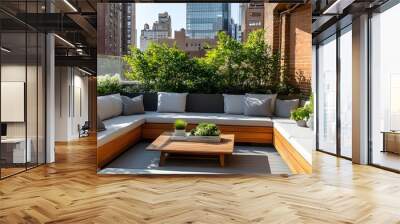 Rooftop terrace with wooden seating and a coffee table, surrounded by plants and greenery, creating an outdoor living space for relaxation and socializing. Wall mural