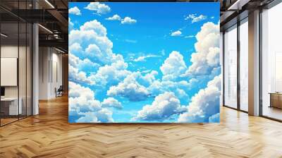 seamless pattern of fluffy white clouds in vibrant blue sky painterly style Wall mural