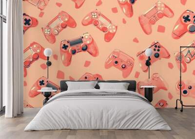 seamless pattern of video game controllers in living coral Wall mural